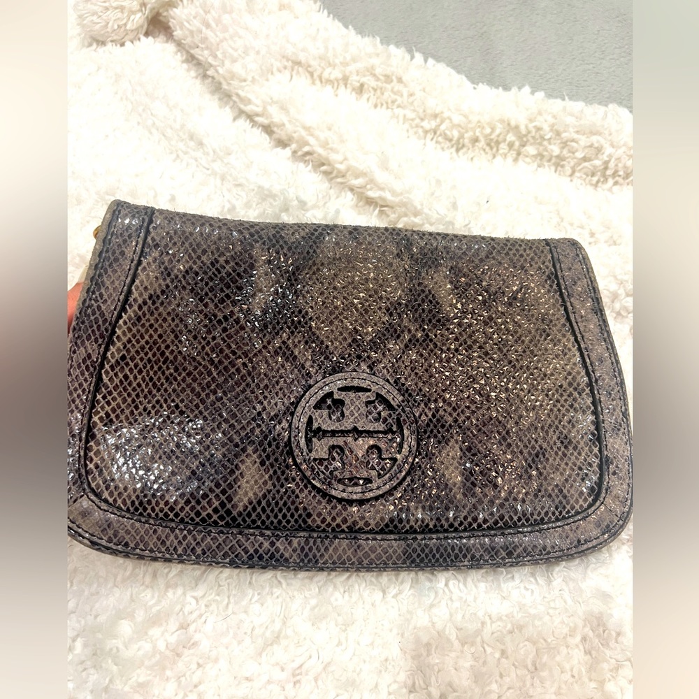 Tory Burch snakeskin, crossbody with detachable strap.